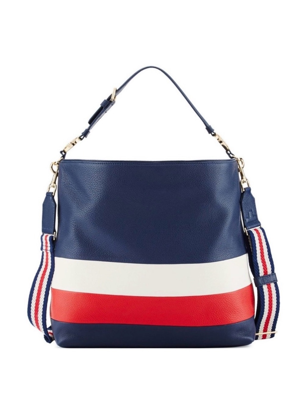 Tory Burch Navy White Red Stripe Leather Hobo Bag